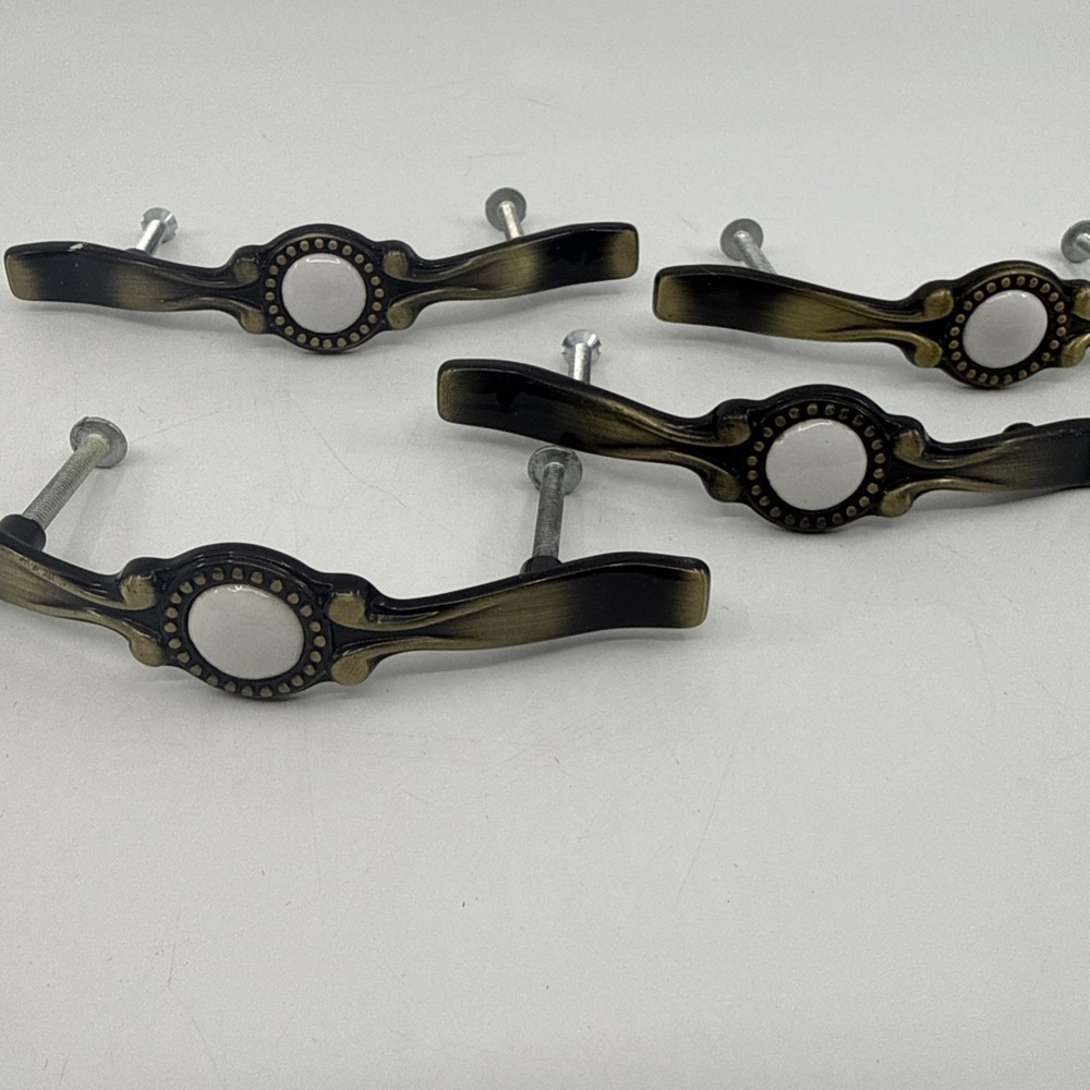 Vintage Brass Tone Drawer Pulls Ceramic Centers 5" Long Set Of 4